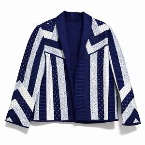 Handmade Quilted Patchwork Jacket Navy Blue Polka Dot Lined One Size